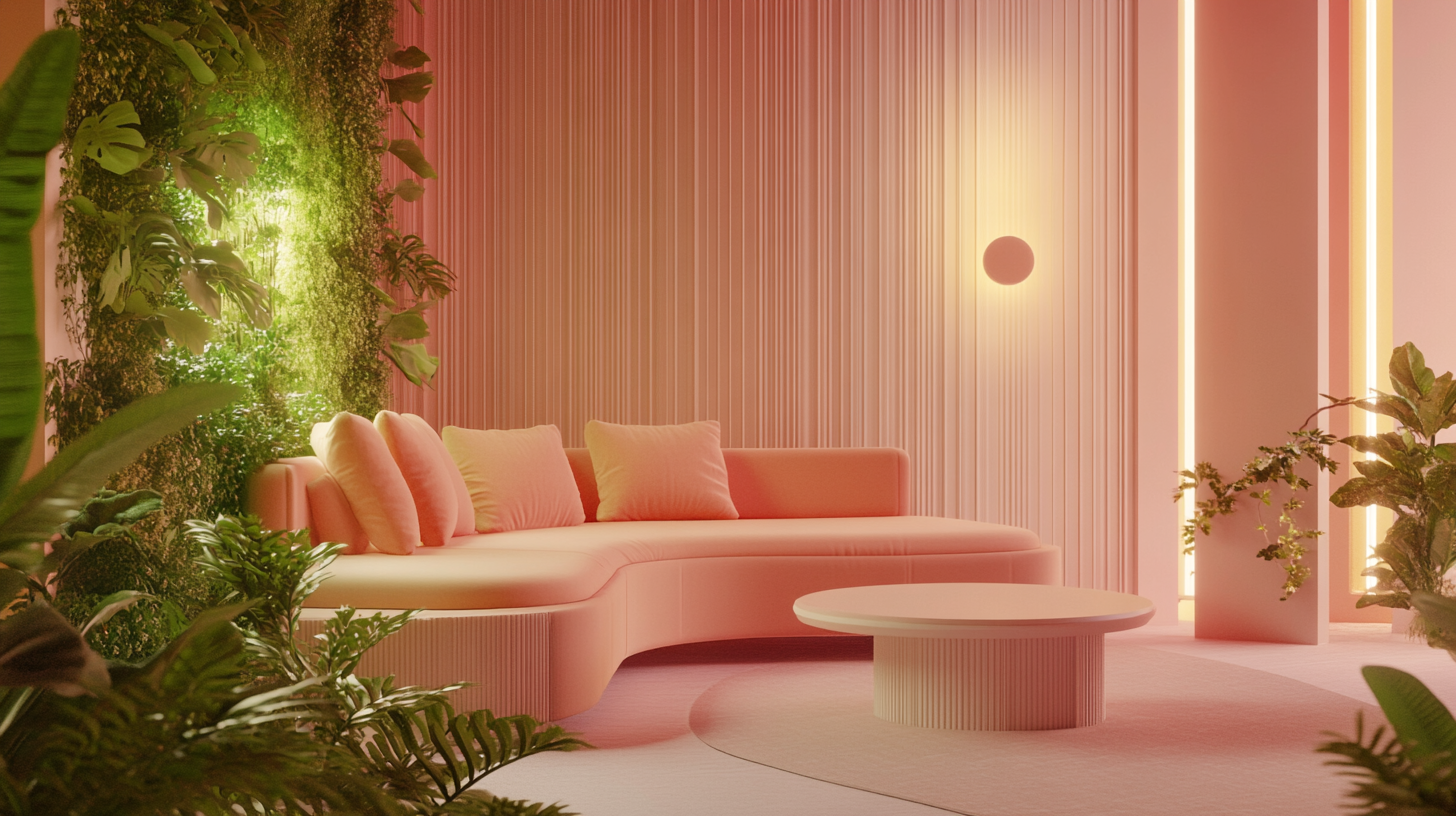 Salon w stylu Mindful Living z roślinami i dynamicznym oświetleniem