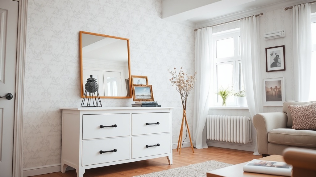 Odnowiona stara komoda w salonie w stylu skandynawskim, pomalowana na biało z czarnymi uchwytami, stojąca przy ścianie z jasną tapetą.